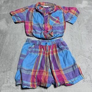 Vintage Short Top Set Girls Small Plaid Button Tie Front Shirt Santa Cruz‎